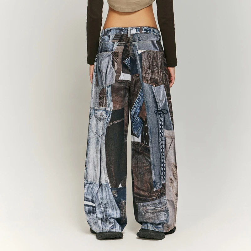 American Street Vintage Patchwork Digital Printed Jeans Male and Female Trendy Brand Loose Wide Leg Fashion High-End Trousers