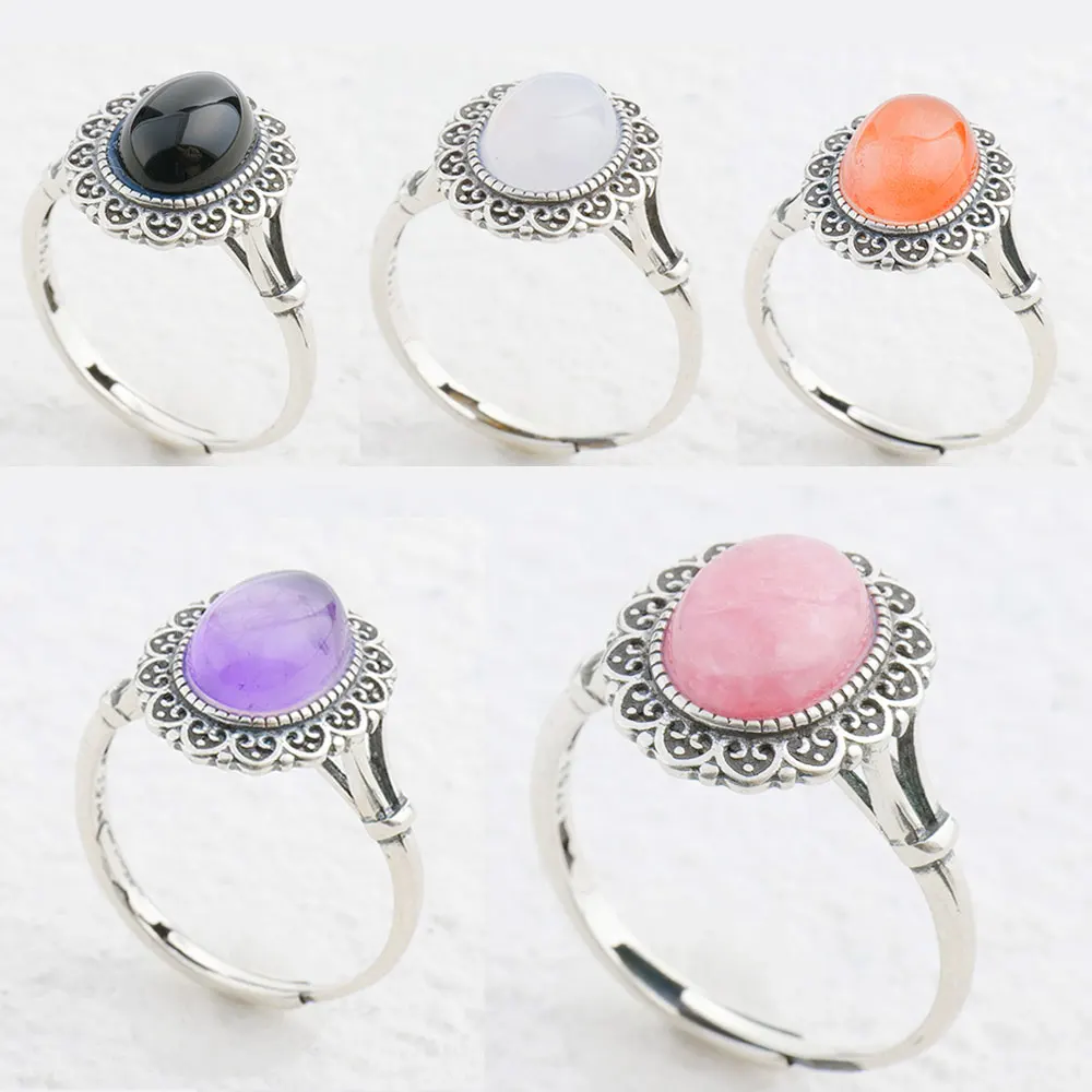 Vintage 925 Sterling Silver Ring with Natural Gemstones Agate/Rhodochrosite/Amethyst/Ice South Red Agate/Fine Jewelry for Women