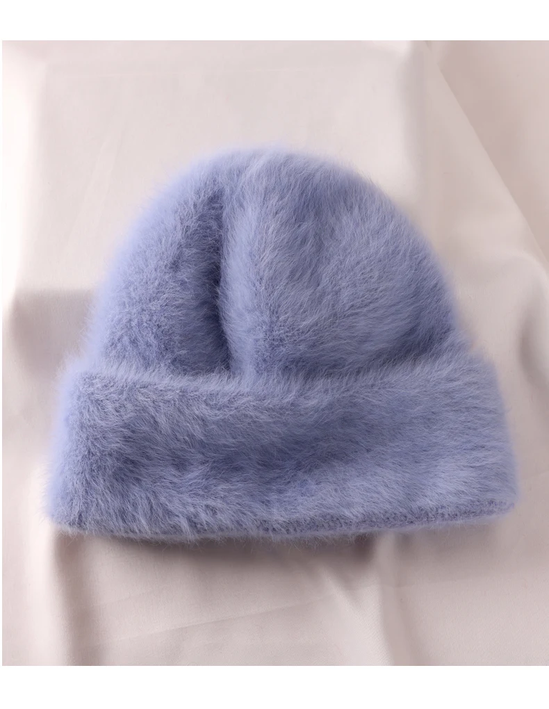 2023 Angora Flauschige Strickmütze Kaninchenfell Wintermütze für Damen Damen Mode Warmer Plüschschädel Damen Dicke Fleecemützen – Detail 28