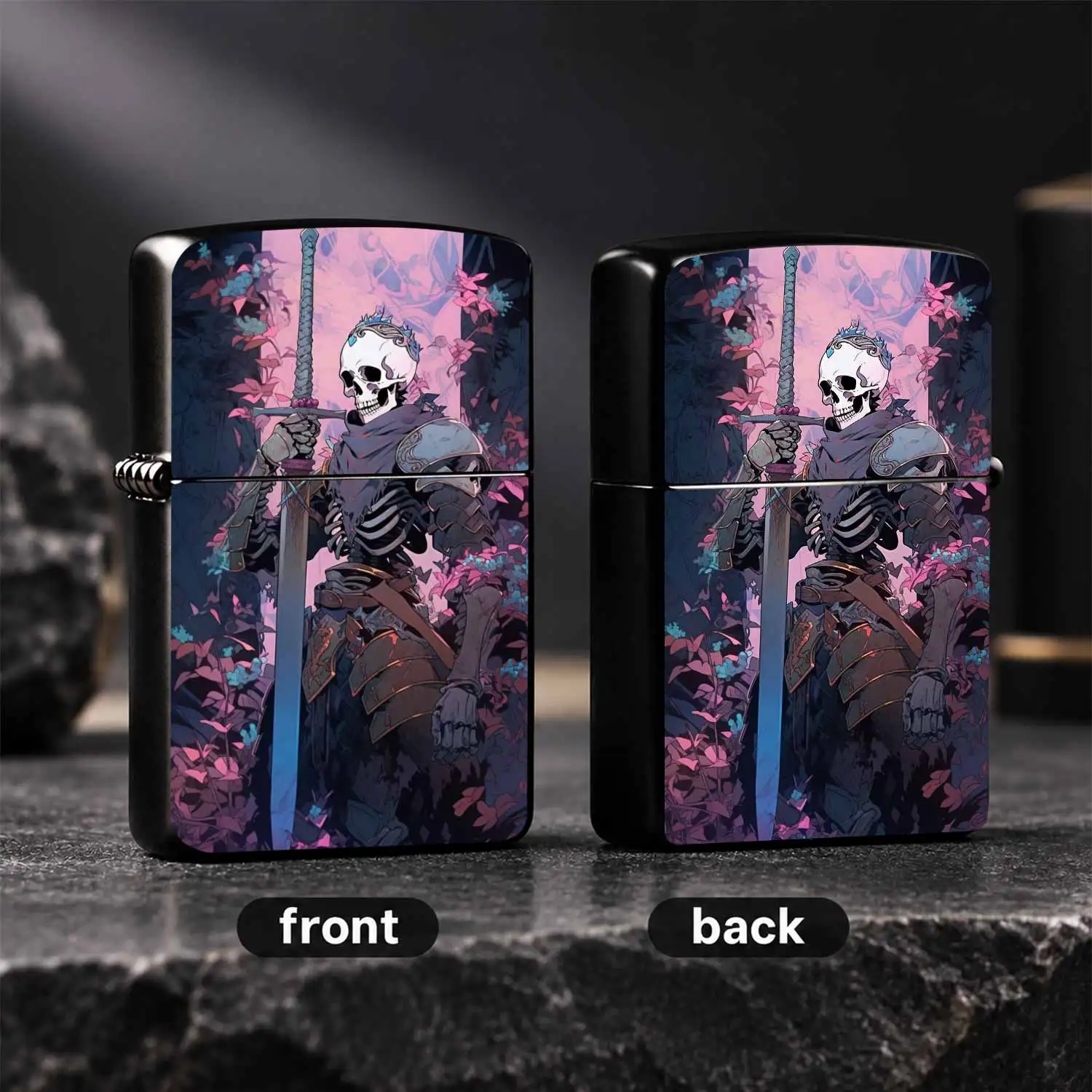 Vintage  With Fantasy Undead Skeleton Knight Print Cool Unique Collectible Pocket Durable Windproof PORTABLE Gift For Boyfriend Fantasy Game Lovers Decorative Ornament For Home Desktop Daily Use A fun and humorous lighter