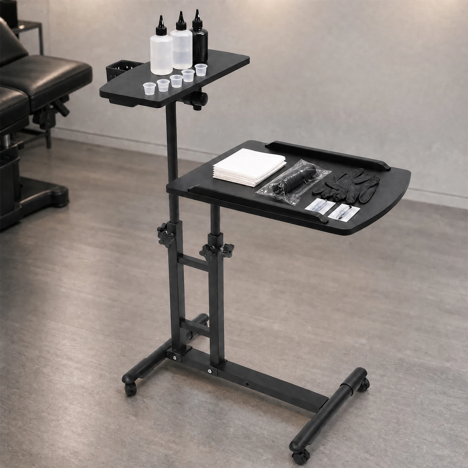 Tattoo Tray Salon Trolley Adjustable Height Salon Tray Station Multiple Workstations Mobile Folding Storage Salon Trolley Black Load-bearing Capacity: About 12.5kg/27.56 lbs (Middle Section), 2.5kg/5.51 lbs (Edge)