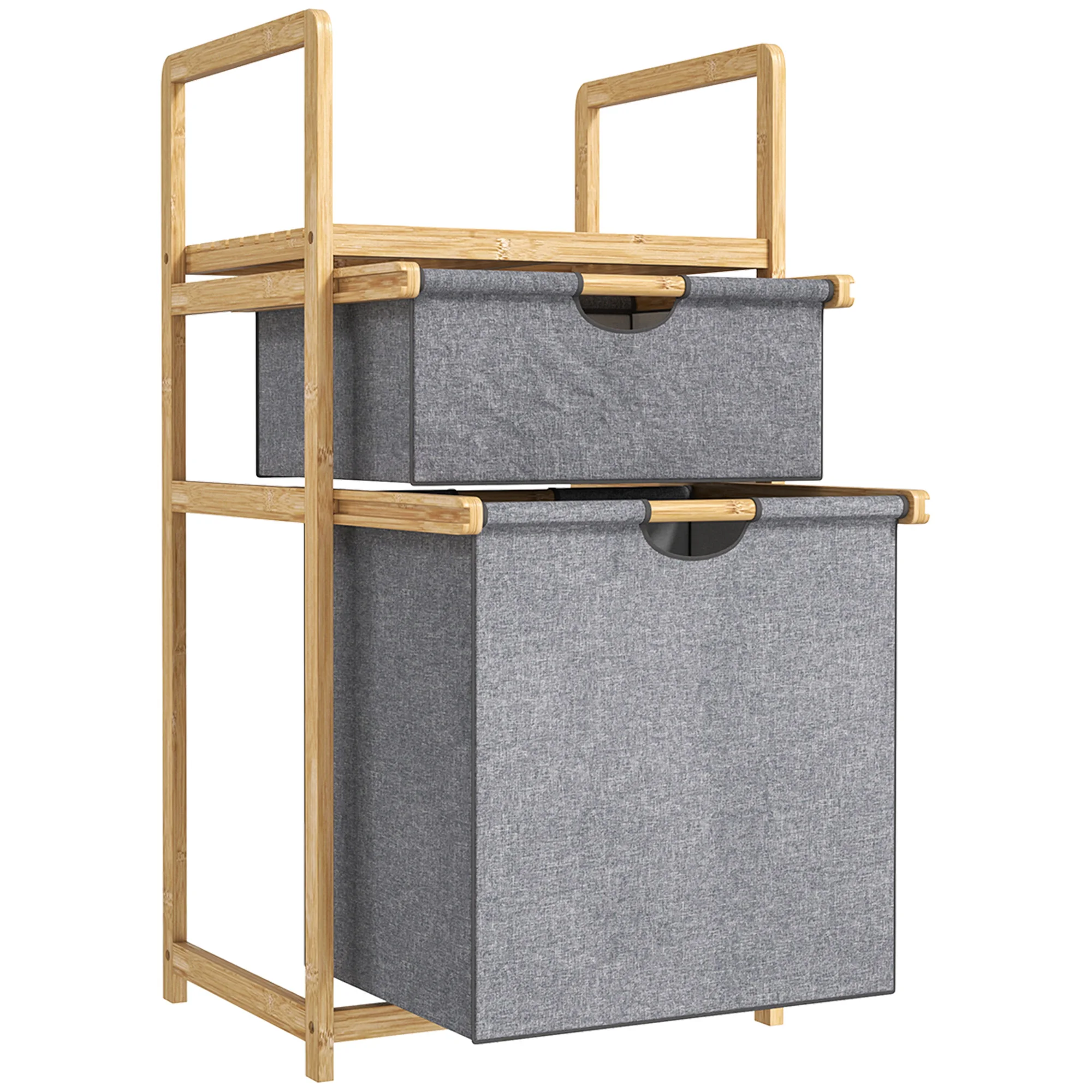 Homcom Cesto De Ropa De Bambú Con 2 Bolsas De Tela Deslizantes Y Estante De Pizarra, Bandeja Para Lavandería De Baño, Cuarto De Lavandería, Natural