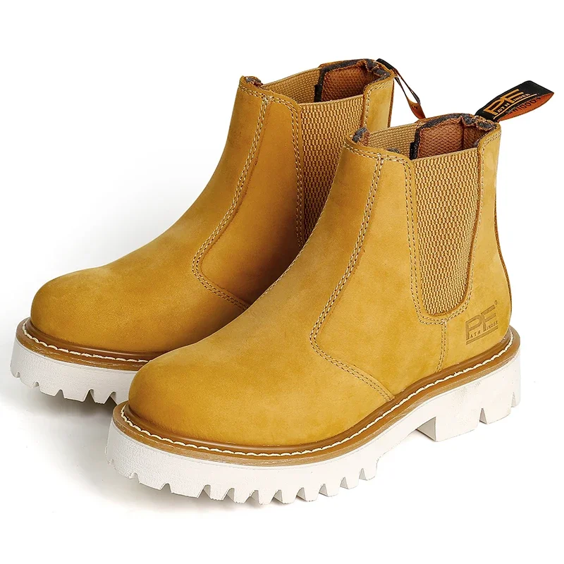 PF Herren-Motorradstiefel aus echtem Leder, rahmengenähte Goodyear-Welted-Arbeitsstiefel, lässige runde Zehen-Gelb-Cowboystiefel für Damen in der Mitte der Wade