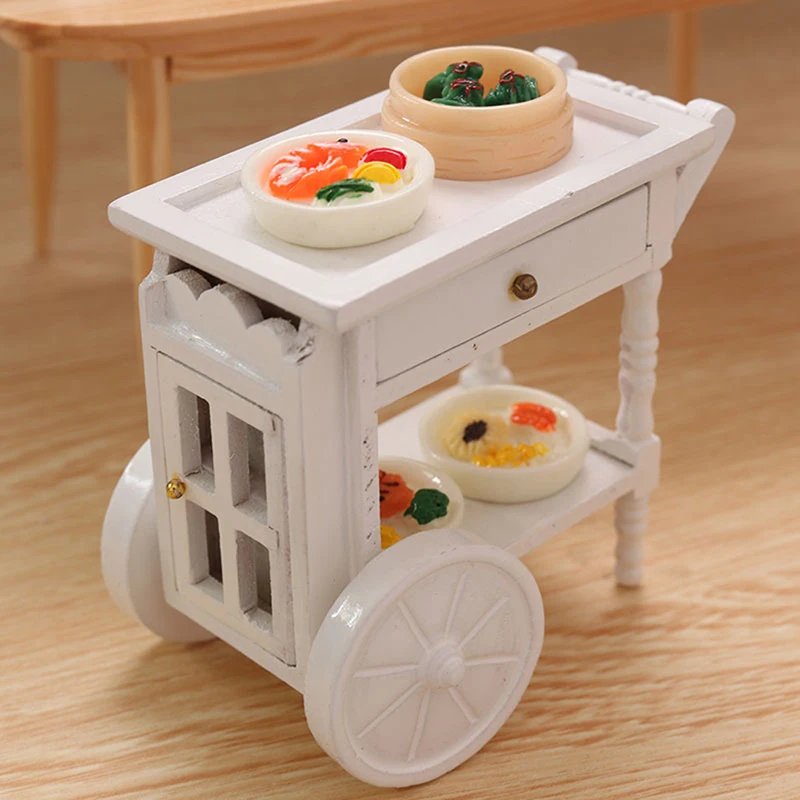 1:12 Dollhouse Mini Two Layers Kitchen Cart Set Miniature Ice Cream Car Serving Cart Dinner Tray Trolley Miniature Items Toy 1PC