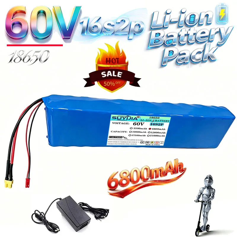 60V 16S2P 18650 Lithium Ion Rechargeable Battery 67.2V Lithium Ion 6800mAh for Electric Bicycle Electric Scooterwith BMS Charger