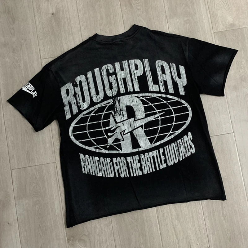 Casual Do Old Ripped Hole Retro Rough Play T-shirt Streetwear Rhinestone Letter Print Short Sleeve Tops