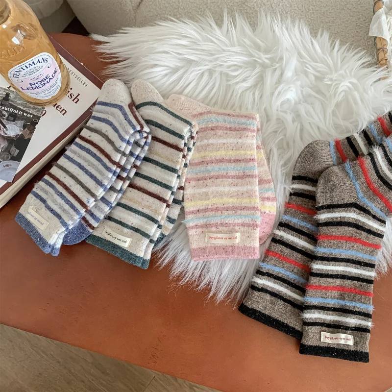 

insKorean Style Label Striped Color-Block Wool Socks Women Mid-Calf Socks Autumn Winter Warm Sweet Yarn Pile Socks
