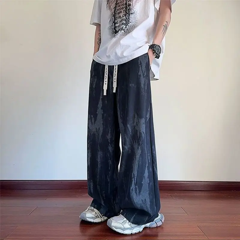 Ice Silk Casual Men's Summer Pants Loose Fit Low Waist Youth Trendy Brand Tie Dye Sporty Long Trousers High Street Style