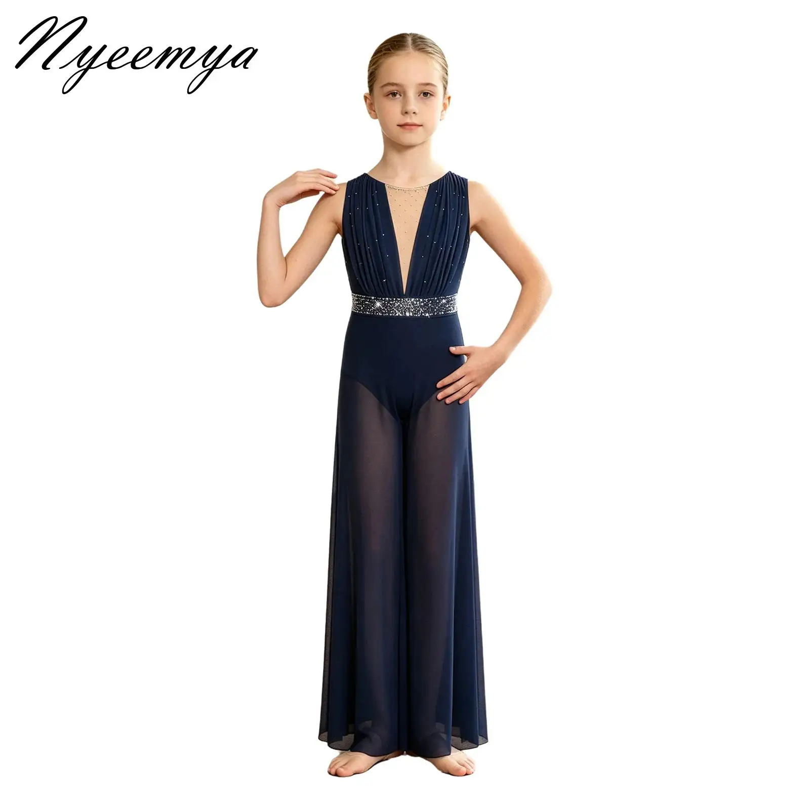 Glittery Rhinestone Ruched Mesh Bodysuit with Built-in Briefs Kids Ballet Lyrical Dance Performance Unitards Wide-Leg Bodysuit