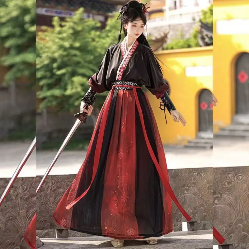 Traditional Chinese Hanfu Dress Men Women Black Red Embroidery Cross Collar Costume National Swordsman Cosplay Clothes Halloween