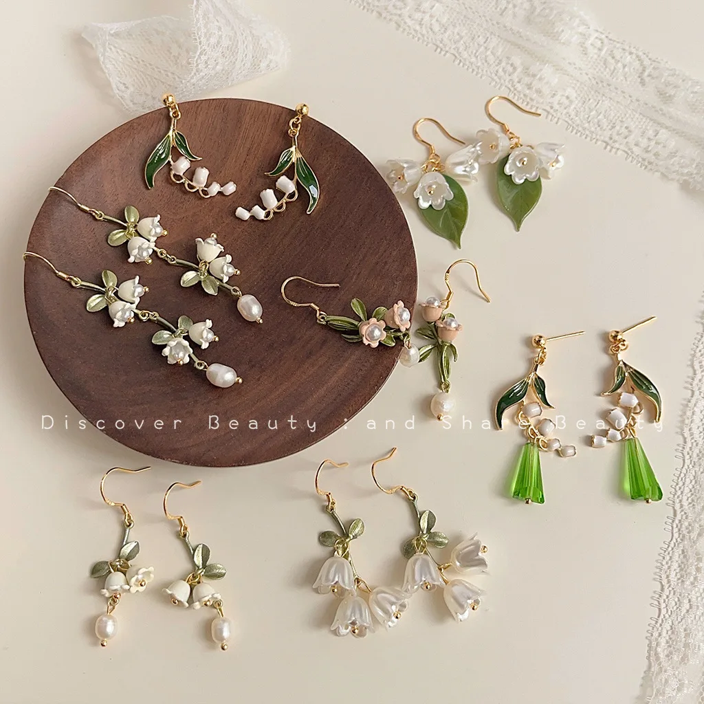 DIY accessories Mori lily of the valley fringed earrings female super fairy gentle temperament pearl stud earrings handmade swee