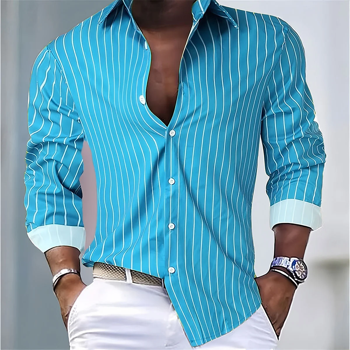 

Men's Fashion Loose Striped Shirt 16 Colors Shirt Casual Breathable Lapel Button Long Sleeve Shirt Top Comfortable Soft Fabric
