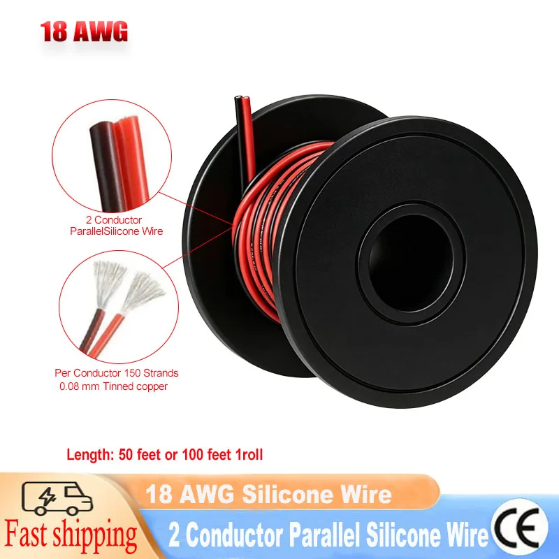 18 AWG 2-Conductor Parallel Silicone-Coated Wire, Red and Black Dual-Core Jumper Cable Reel (50 feet or 100 feet)