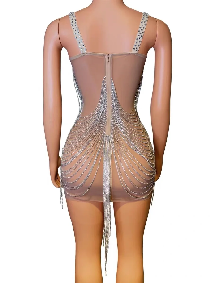 Model Car Dance Diamond Mesh Tassel Stretch Skirt Dress Stage Performance Costume Female Singer