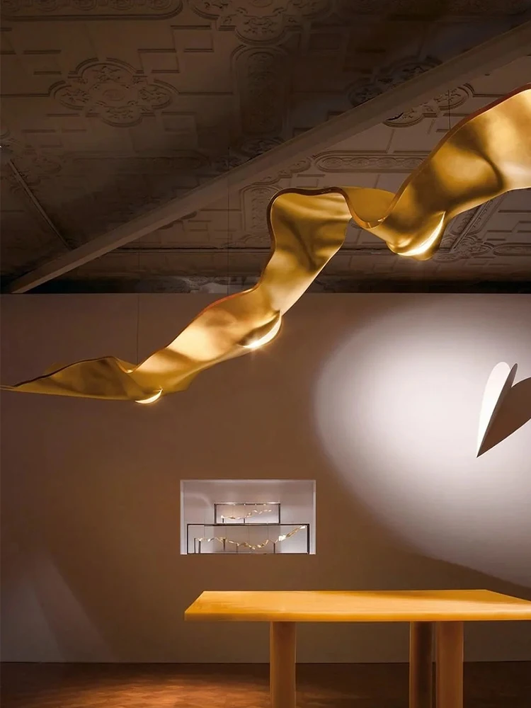 Golden Ribbon Chandeliers LED Post-modern Lighting Fixture Hanging Lamp Kitchen Island Ceiling Art Decor Lustre Living Room