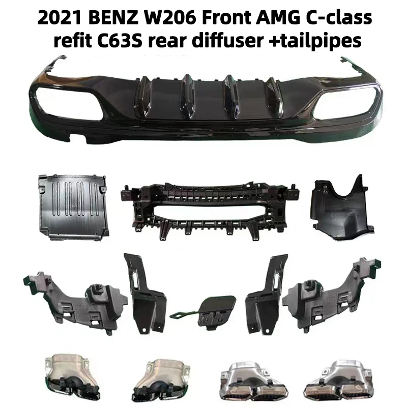 Car Body Kit For Mercedes Benz C Class W206 Upgrade To C63S AMG Rear Diffuser With Exhaust Tailpipe