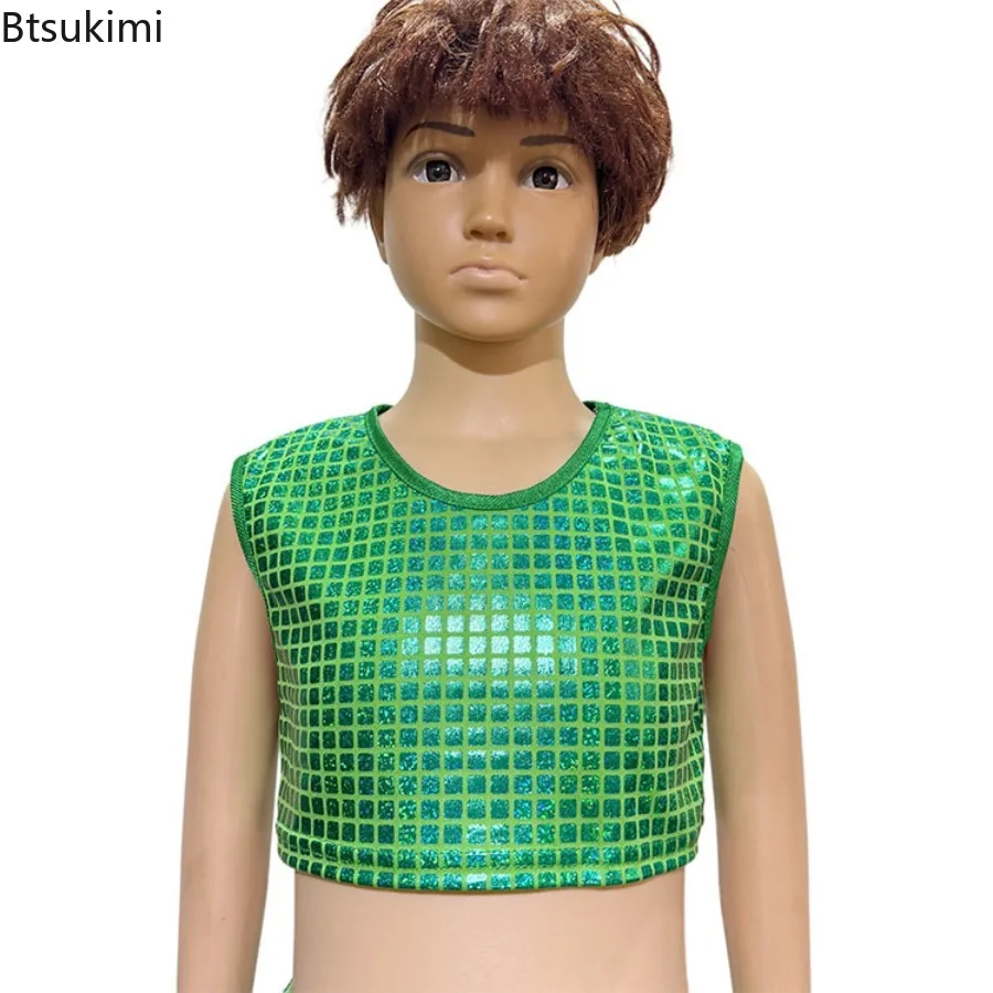 Kids Girls Boys Cheerleading Dance Performance Costume Metallic Plaid Jazz Dance Crop Top Sleeveless Vest for Stage Show Party