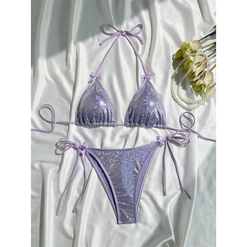 Shiny Pink Bikini Extrem String Backless Swimsuit Push Up Kawaii Bowknot Vacation Swimwear Women Micro Tangas Beach Bathing Suit