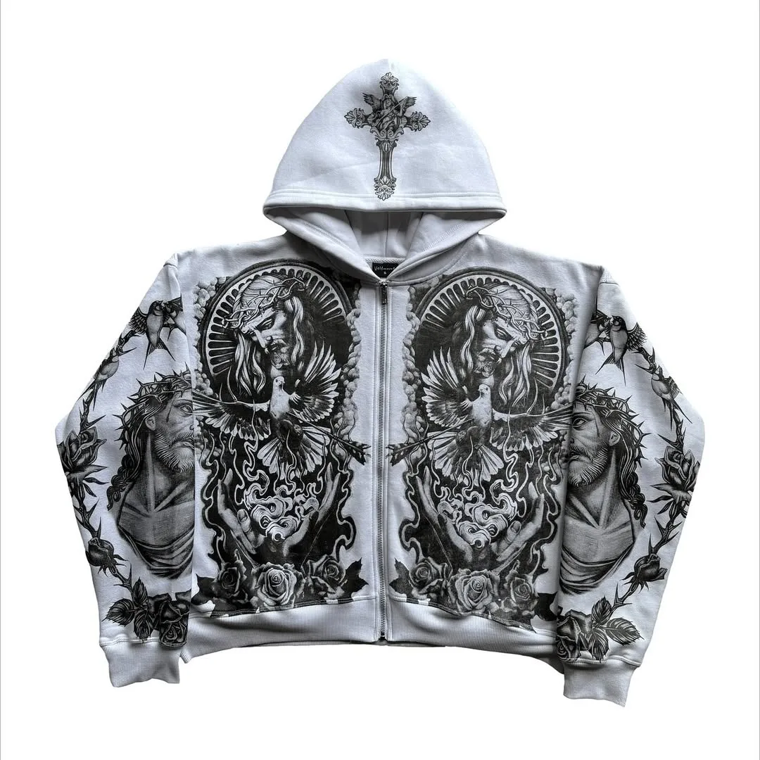 Y2K Gothic Trend Punk Hoodie Letter God Printed Zip Up Hoodies Autumn Hip Hop Fashion Women and Men Casual Street Jackets