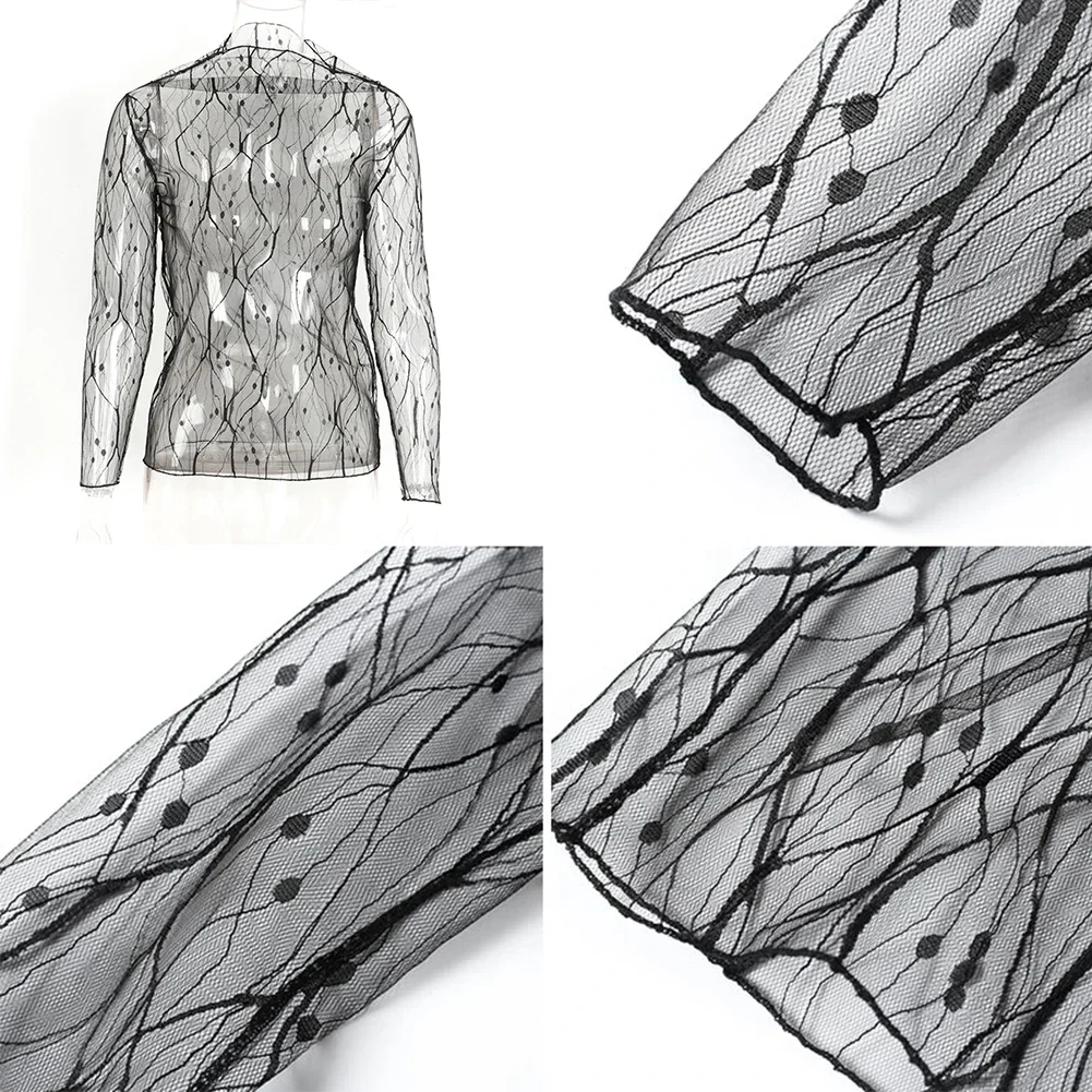 المرأة بسيطة طويلة الأكمام شاش شفاف بلوزة عادية دوت طباعة قميص المؤنث قميص فام الخريف Blusas