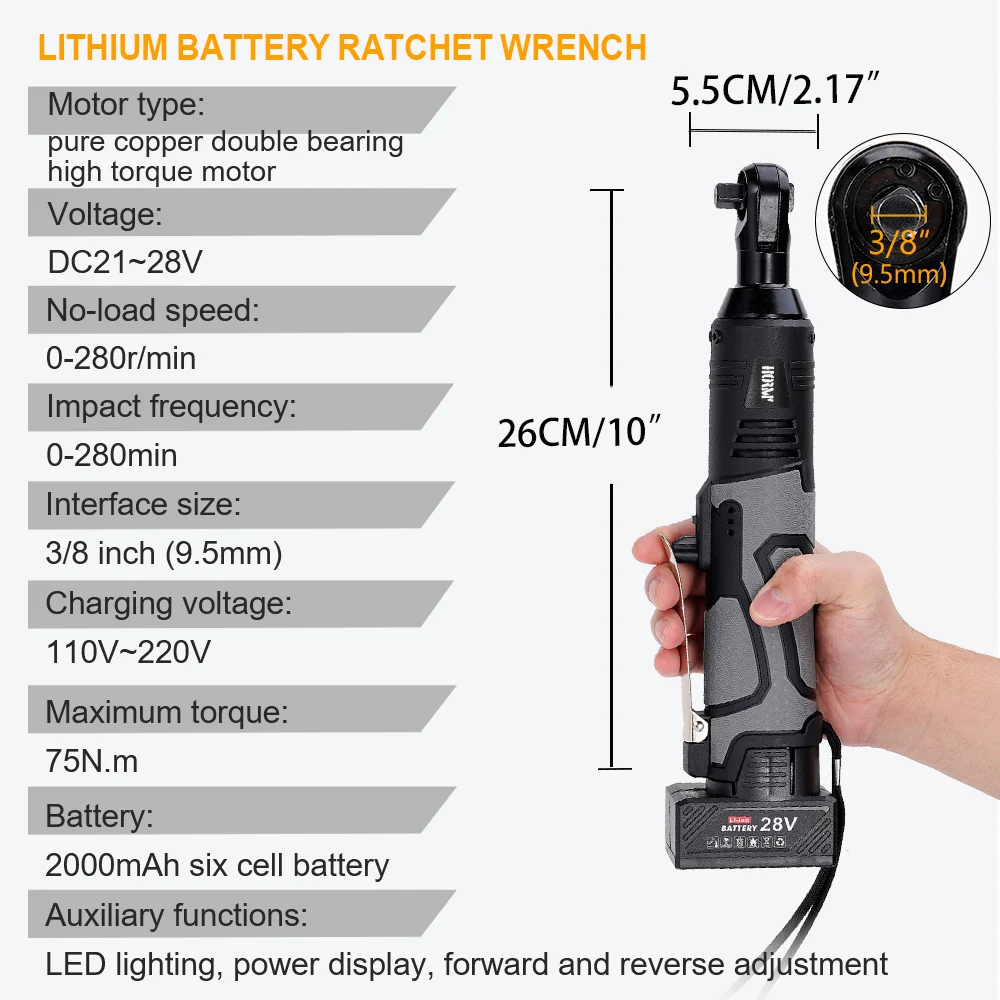 Hormy 28V Electric Ratchet Impact Wrench 3/8\'\' Right Angle 75N.m Screwdriver Nut Car Repair Power Tool With Lithium-Ion Battery