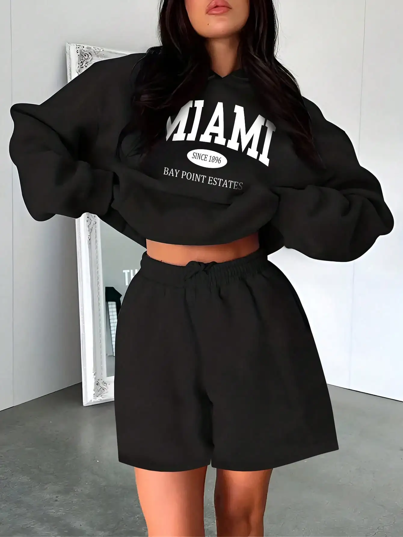 Conjunto de capuz e shorts city letter oversized para mulheres, conjunto esportivo de 2 peças, Miami, Califórnia, EUA, moda, inverno