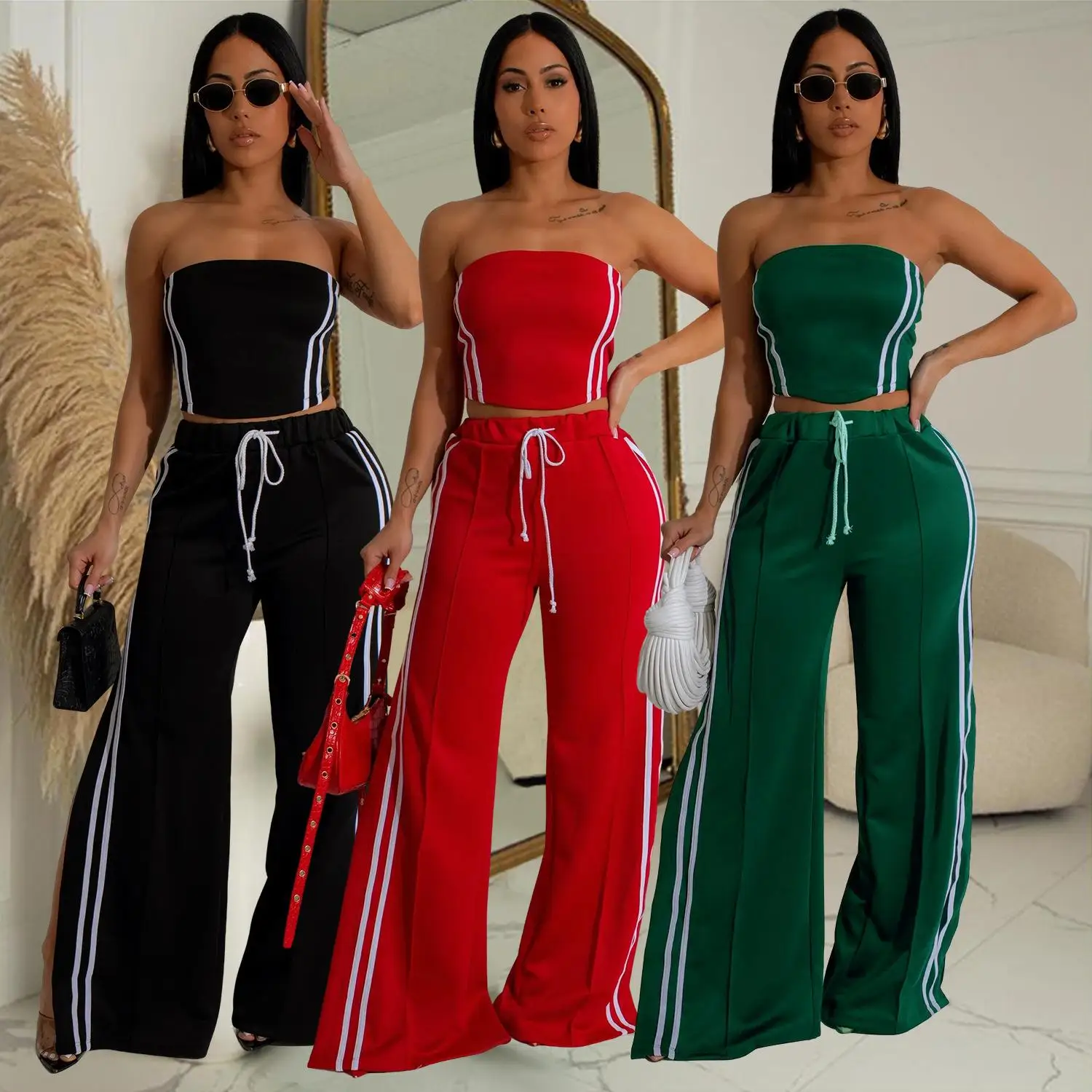

Elegant Women's Three-Piece Suit with Strapless Top And Hanging Straight Leg Long Pants Sleeveless Fashionable All-Season Wear
