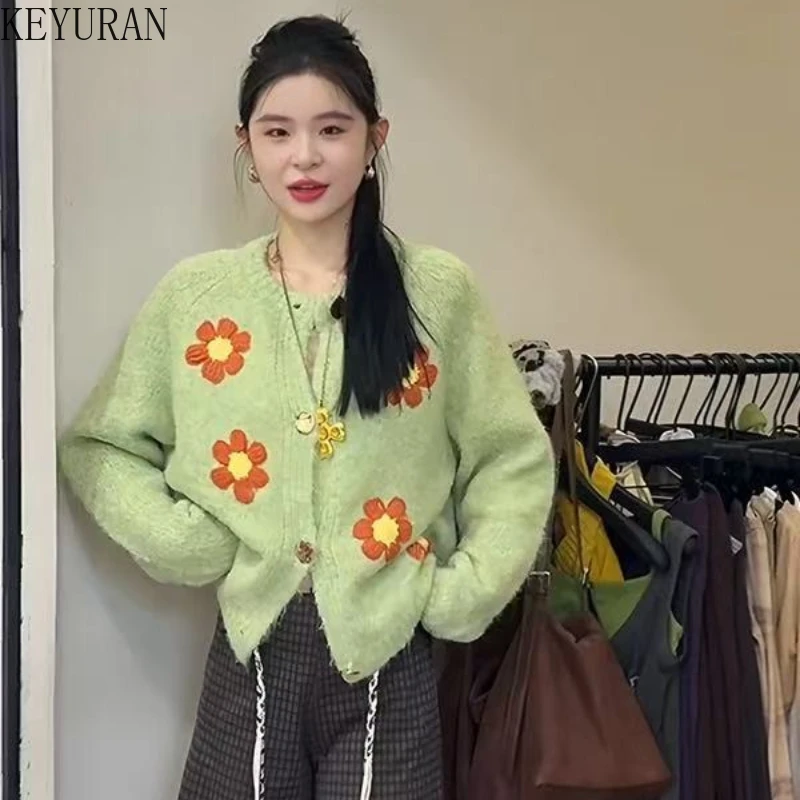 

Vintage Yellow Flower Embroidery Sweater Women Autumn Sweet O-Neck Long Sleeve Single-breasted Soft Knitted Cardigan Mujer Tops