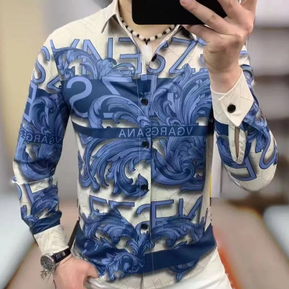 Casual Letter Print Business Dress Shirt Social Party Tuxedo Chemise Homme Retro Shirt Long Sleeve Plant Flower Shirts For Men