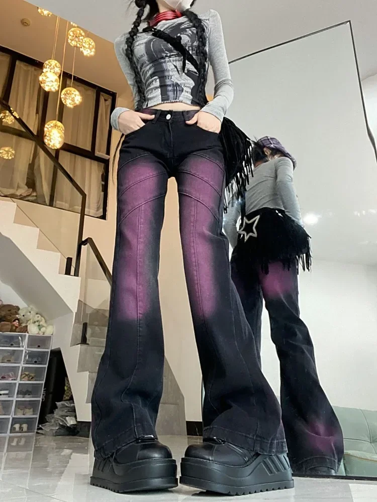 Pantalon en Denim noir violet Style américain Y2k e-girl, Vintage, taille haute, évasé, teinture par nouage, droit, nouvelle collection automne