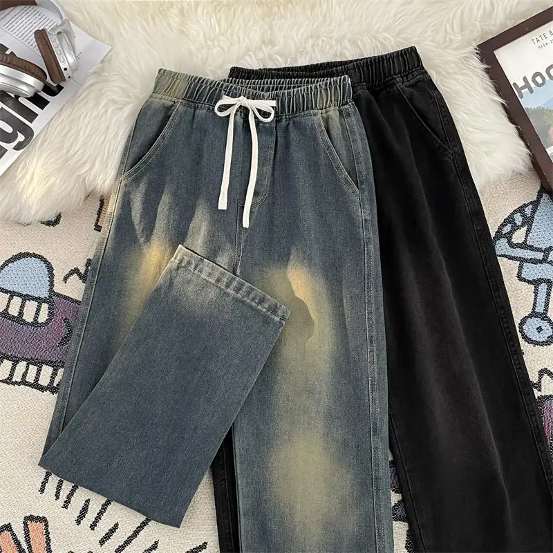 

Модные винтажные мужские джинсы свободного кроя с эффектом потертости, прямые, в американском стиле, повседневные, осенние, длинные брюки для подростков