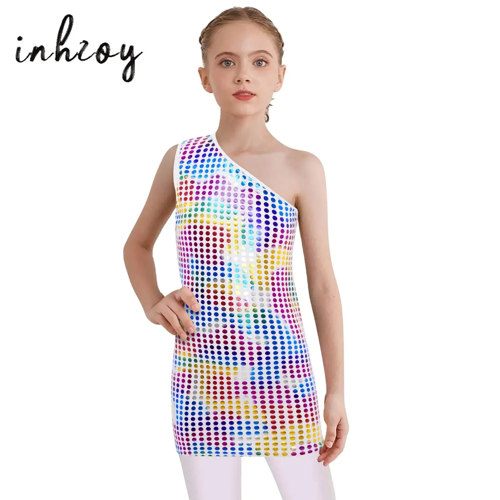 

Kids Girls Jazz Dance Dress One Shoulder Sleeveless Shiny Metallic Mini Dots Tank Dress Cheerleading Stage Performance Costume