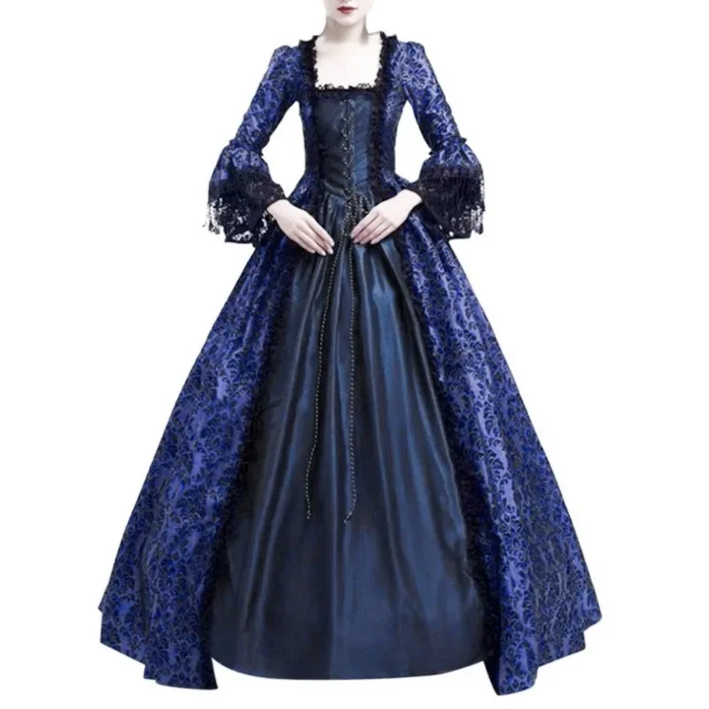 Women's Vintage Dress Medieval Victorian Court Lace Stitching Dress Gothic Long Sleeve Dress Cosplay Party Costume S-5XL