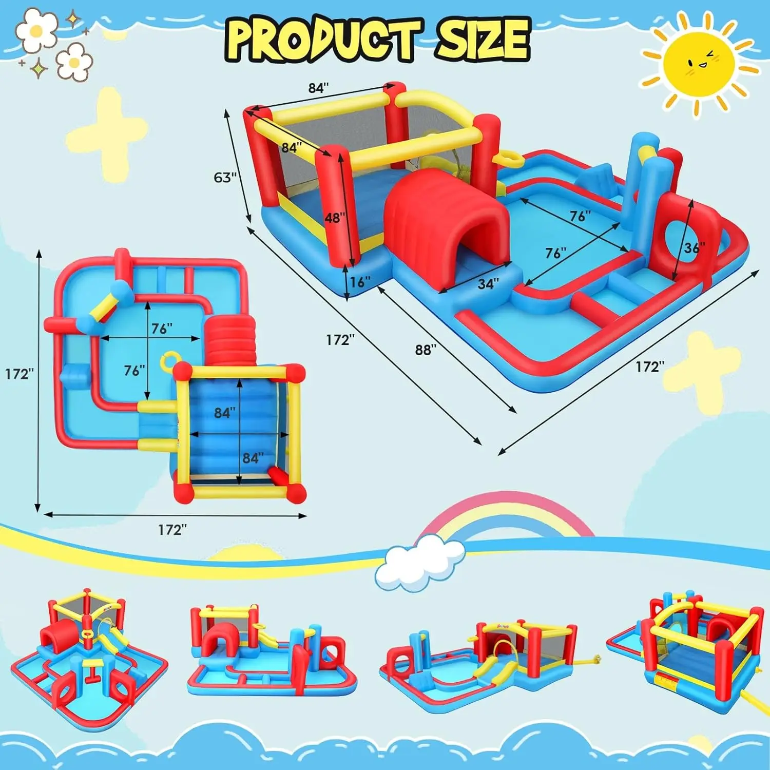 Nadmuchiwana zjeżdżalnia wodna Bounce House, 14,3x14,3 stopy labirynt park wodny tor przeszkód z obszarem skoku, basen plusk, przeszkoda, zjeżdżalnia, poncz