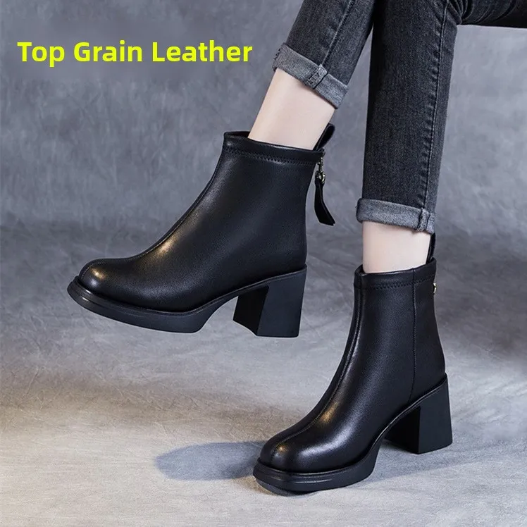 

High-End Women's Faion Boots Leather Upper Thin High Heel Ankle Booties Winter Warm Cotton Lined Zipper Closure