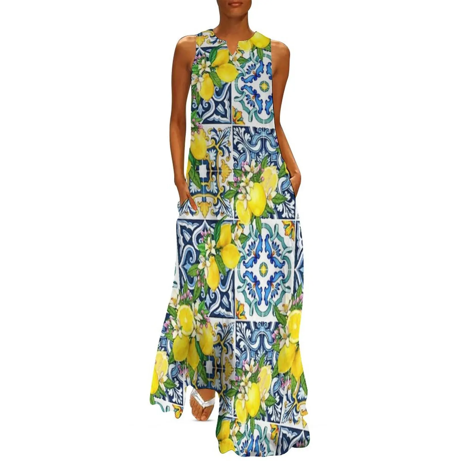 

Bright Mediterranean Sicilian Tiles with Citrus Lemons Long Dress dresses for prom dress for women 2025