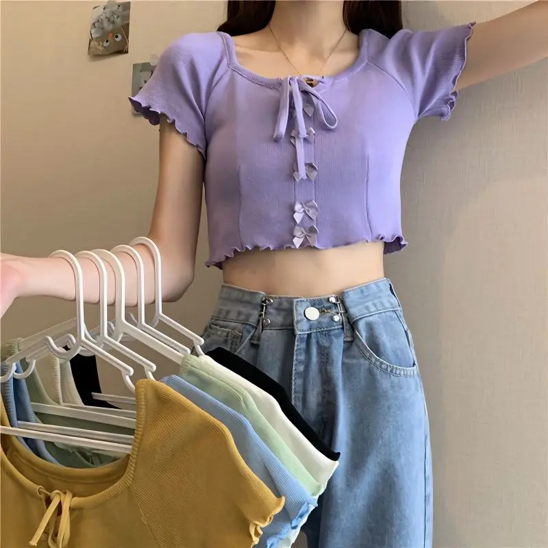 Multiple-bow Sweet Summer Short Sleeve T-shirts Preppy Style Solid Cute Comfortable Casual Streetwear Basic Schoolgirl Popular