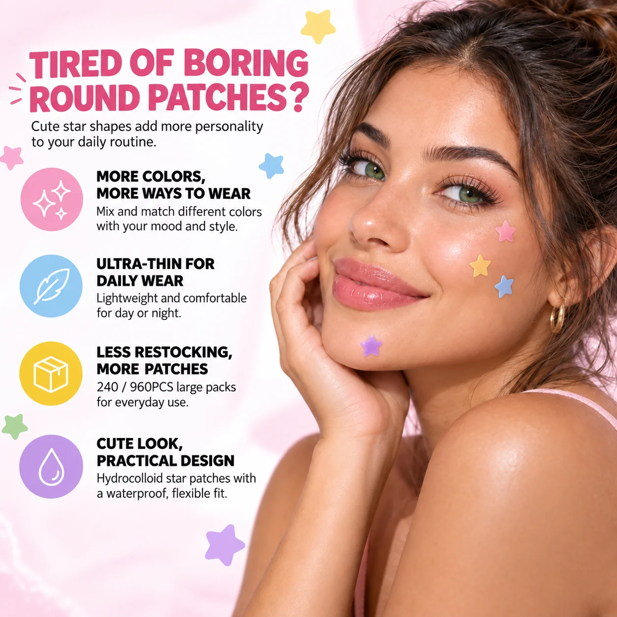 HITWORKER Star Hydrocolloid Pimple Patches 240/960PCS, Cute Colorful Ultra Thin Waterproof Spot Stickers for Daily Wear