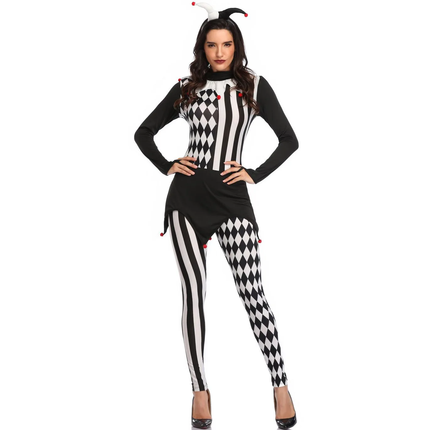 Women Killer Clown Costume Adult Cosplay Terror Clown Jumpsuits Halloween Funny Scary Clothing White Black Stripe Clown Outfits