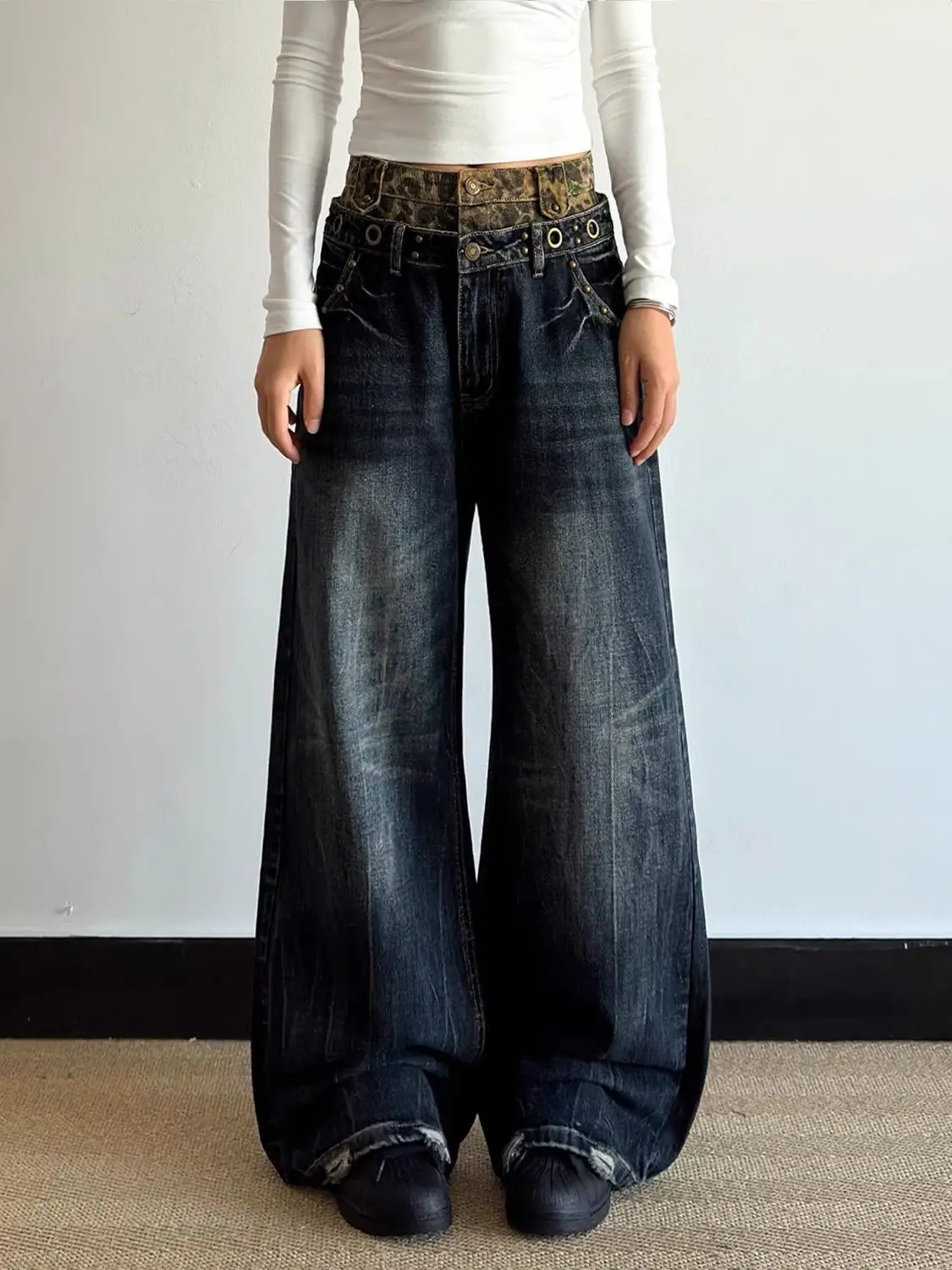 

plus Size American Retro Leopard Print Splicing Denim Pants Women's Autumn Winter Wear Resistant High Waist Wide Leg Straight...