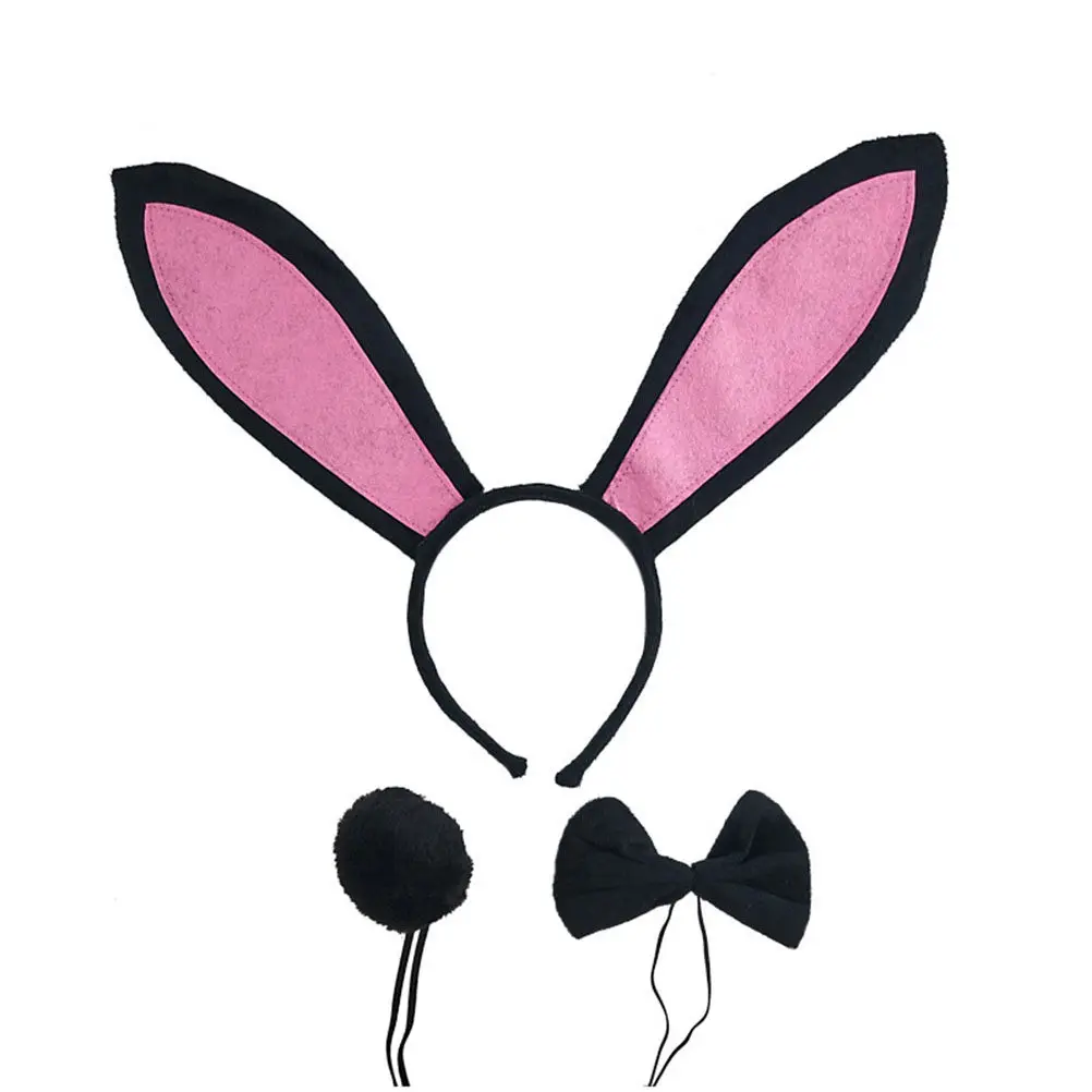 3Pcs Bunny Ear Hair Hoop Set Includes Tail Tie for Holiday Costume Party Easter Cosplay Masquerade Animal Headdress Accessory