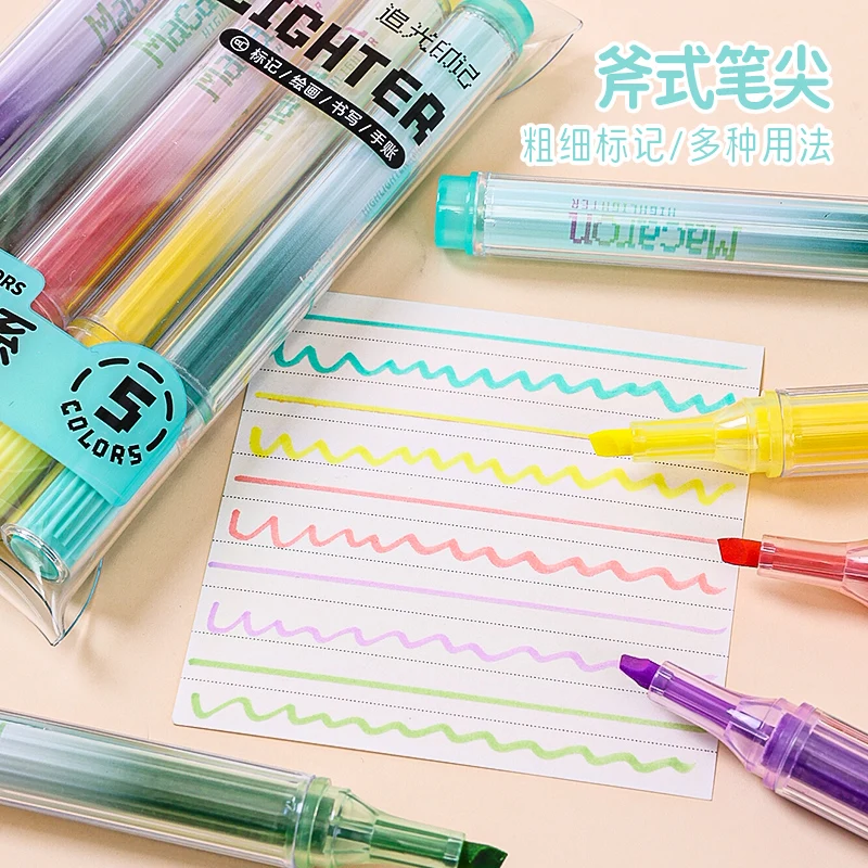 Languo 5pcs/Bag Eye Care Highlighters Marker Single Tip Kawaii Pens Large Capacity for Students Study Supplies Notes Supplies