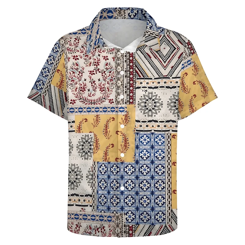 Chemise hawaïenne à manches courtes pour hommes, style bohème ethnique, imprimé Patchwork, décontractée, respirante, boutonnée, vêtements d'été