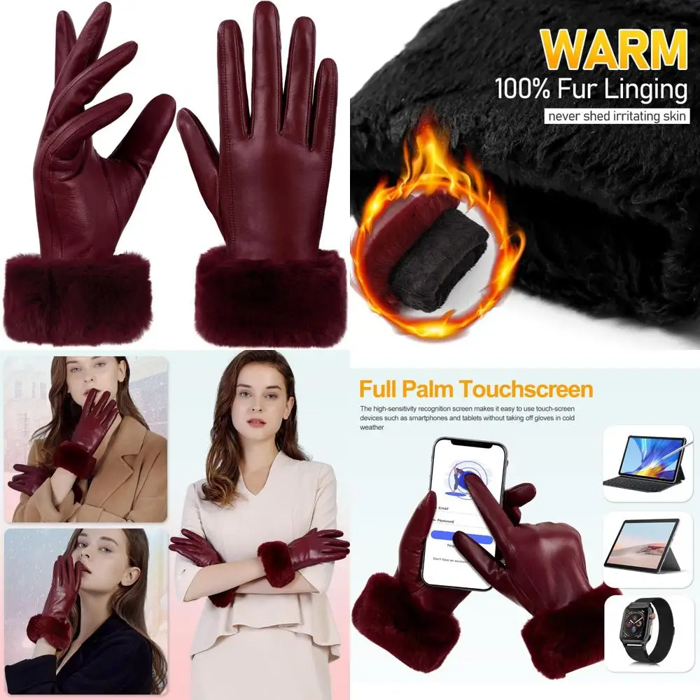

Women's Rabbit Fur Cuff Leather Gloves for Winter, Touchscreen Compatible, Warm Driving Gloves, Multicolor Options
