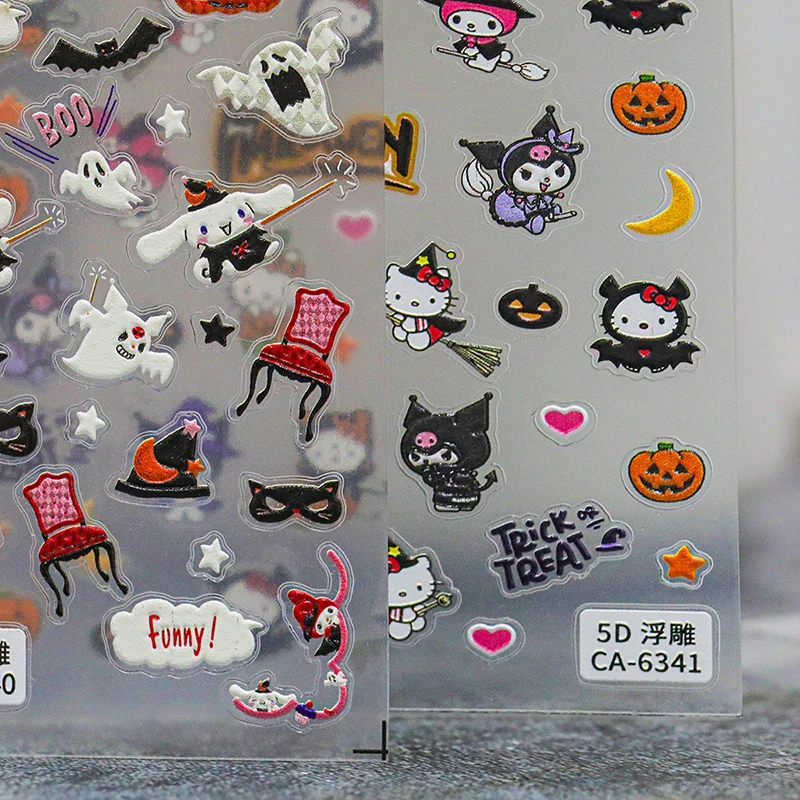 5D Halloween Sanrio Hello Kitty Kuromi Melody Pochacco Cinnamoroll Pumpkin Relief Nail Stickers Nail Art DIY Decoration