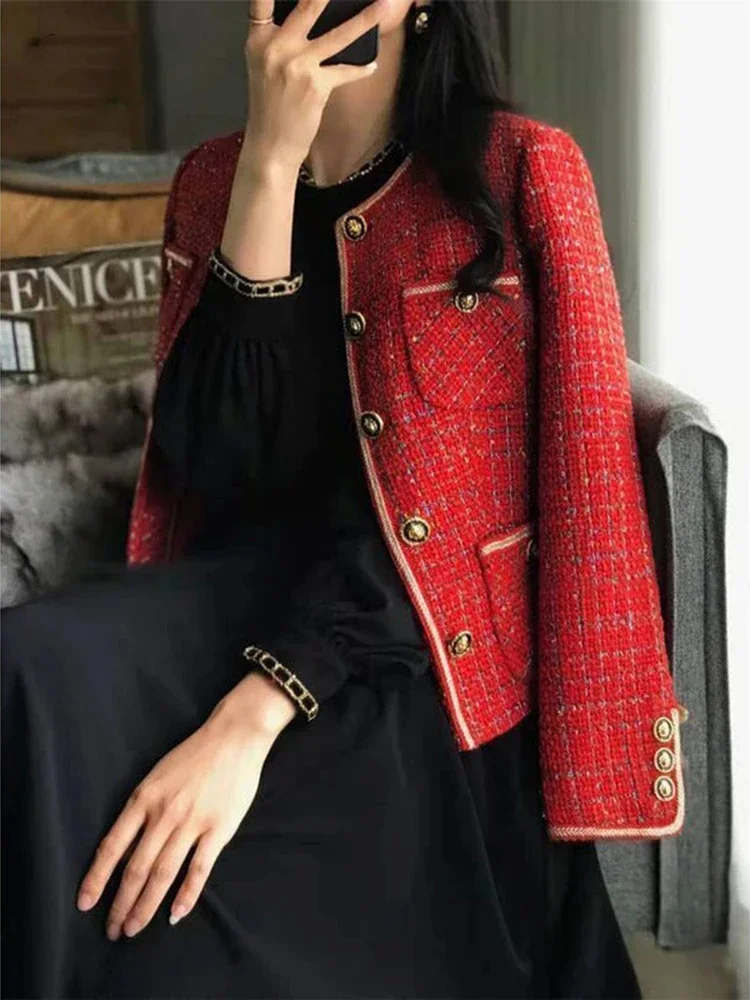 Blazer de Tweed rojo de moda para mujer, abrigo de traje de una sola botonadura, cuello redondo, informal, elegante coreano, mangas largas, Otoño e