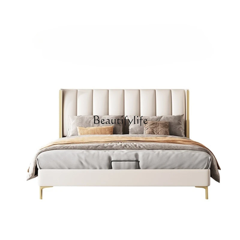 

*Modern simple light luxury master bedroom Napa leather bed household small apartment double bed