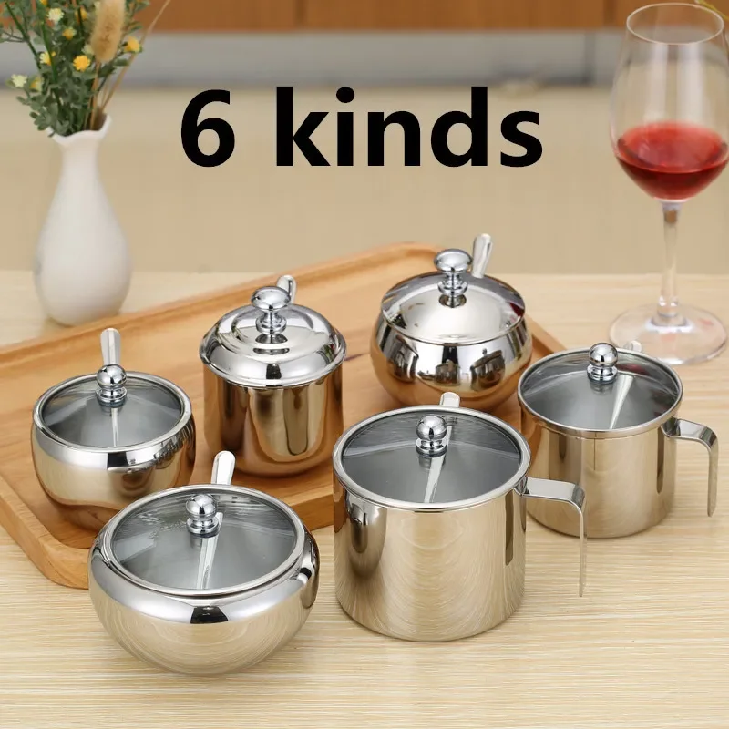 

304 Stainless Steel Seasoning Box With Spoon Seasoning box Cans Salt Pepper Box Tank Creative spice jar sugar bowl with spoon