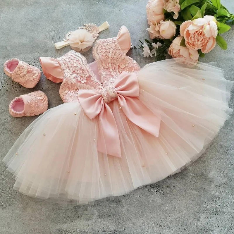 1-5Y Baby Girls Dress for Wedding Party Pink Birthday Princess Dresses Kids Girl Bridesmaids Elegant Gown Cute Girl Bow Vestidos