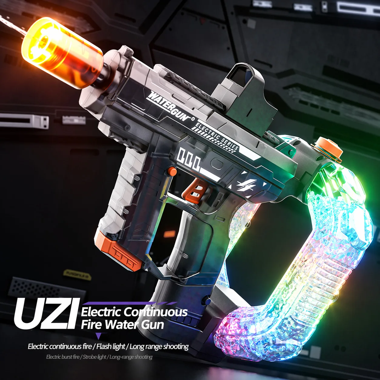 UZI Electric Water Gun with Colorful Flow Flash Lights Sound Effects Water Blaster Toy for Kids Summer Pool Beach Outdoor Play